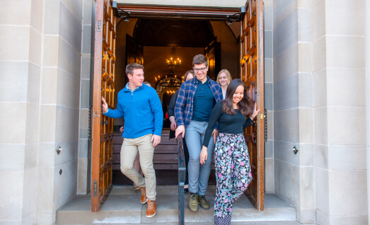 students leaving building
